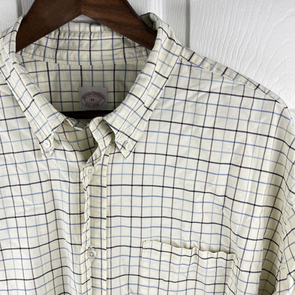 Brooks Brothers Cream Button-Down Plaid Shirt with Blue and Black Windowpane